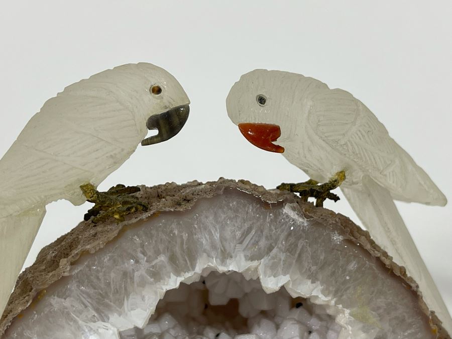 Pair Of Carved Semi-Precious Stone Birds On Geodes [Photo 7]