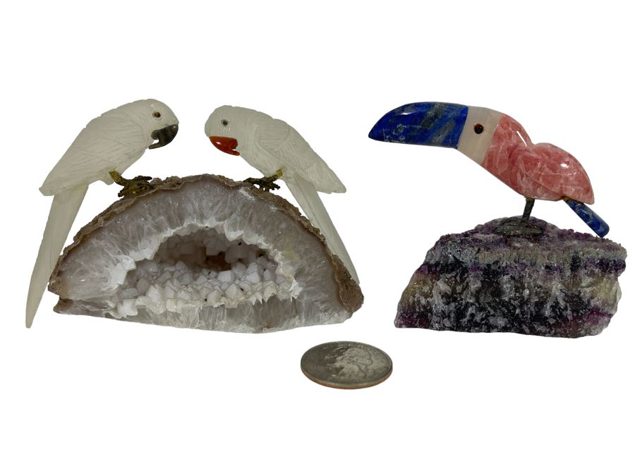 Pair Of Carved Semi-Precious Stone Birds On Geodes