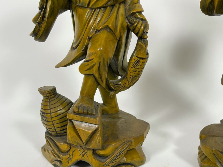Pair Of Carved Wooden Chinese Figures 10H