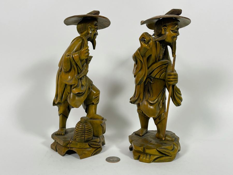 Pair Of Carved Wooden Chinese Figures 10H