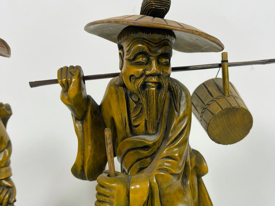 Pair Of Carved Wooden Chinese Figures 10H