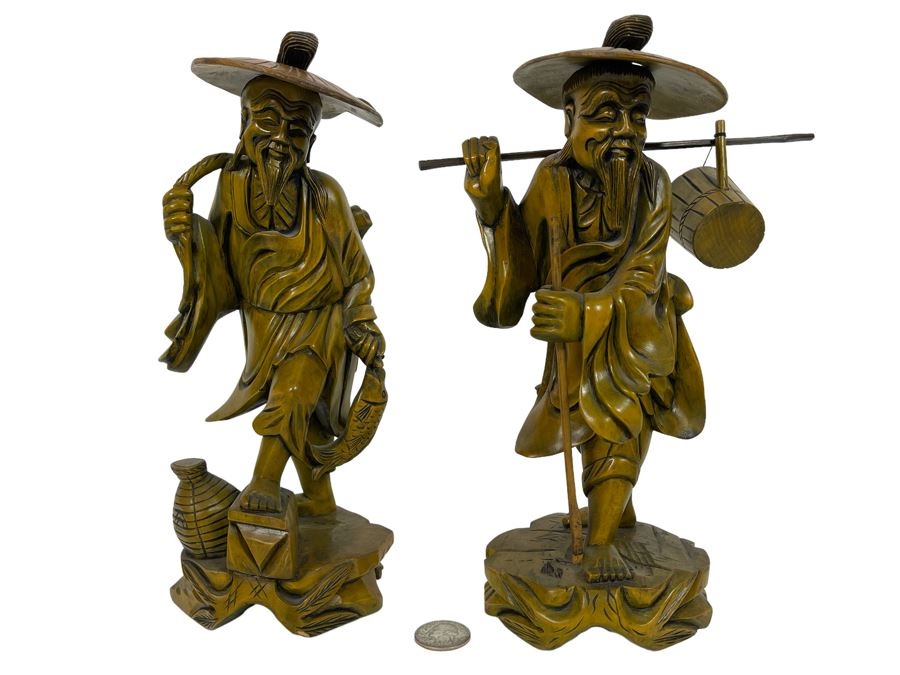 Pair Of Carved Wooden Chinese Figures 10H