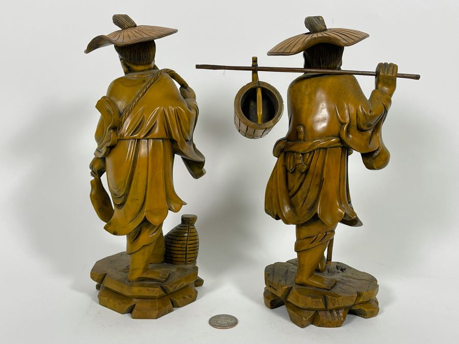 Pair Of Carved Wooden Chinese Figures 10H [Photo 9]