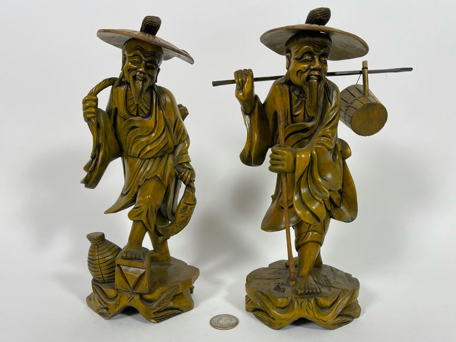Pair Of Carved Wooden Chinese Figures 10H [Photo 3]