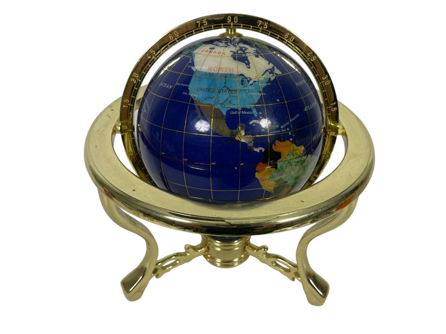 Inlaid Semi-Precious Stone World Globe With Brass Stand And Compass 9W X 10H [Photo 2]