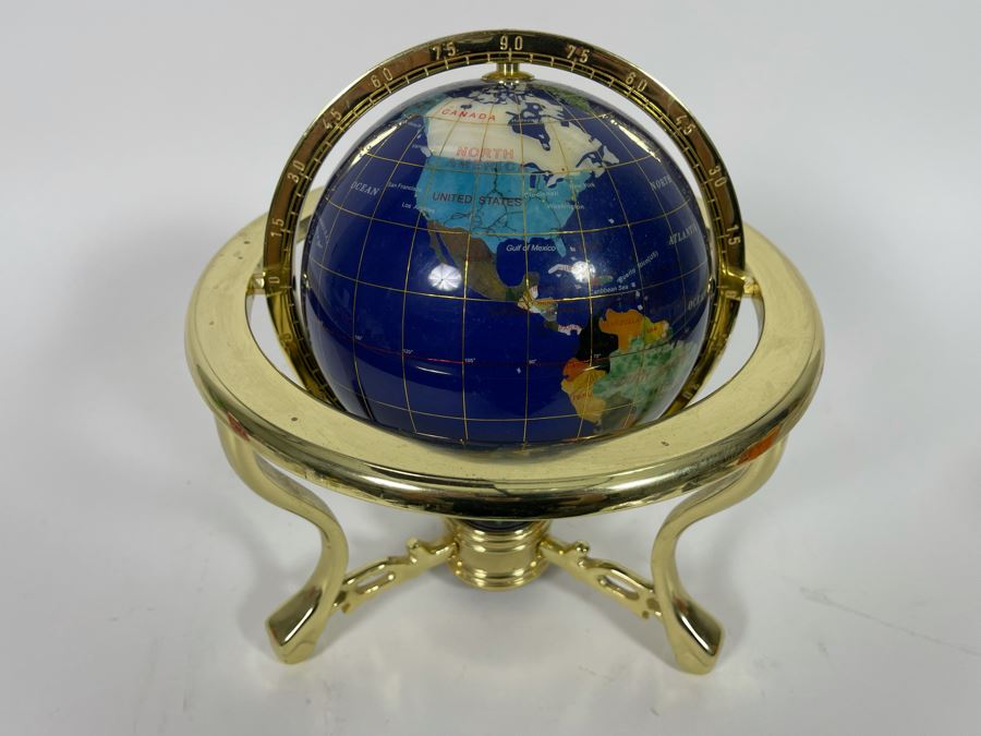 Inlaid Semi-Precious Stone World Globe With Brass Stand And Compass 9W X 10H [Photo 4]