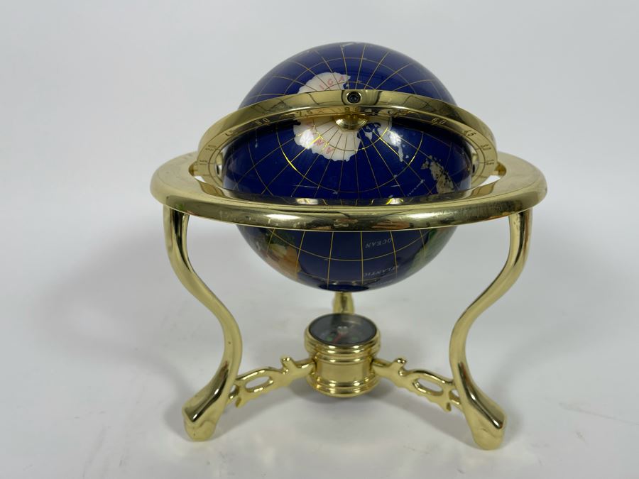Inlaid Semi-Precious Stone World Globe With Brass Stand And Compass 9W X 10H [Photo 9]