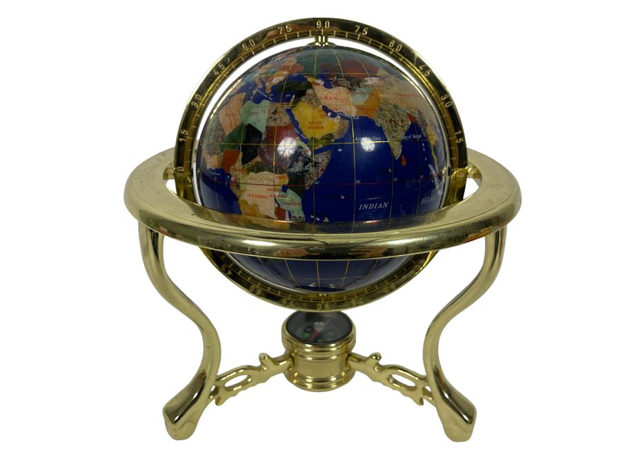 Inlaid Semi-Precious Stone World Globe With Brass Stand And Compass 9W X 10H [Photo 1]