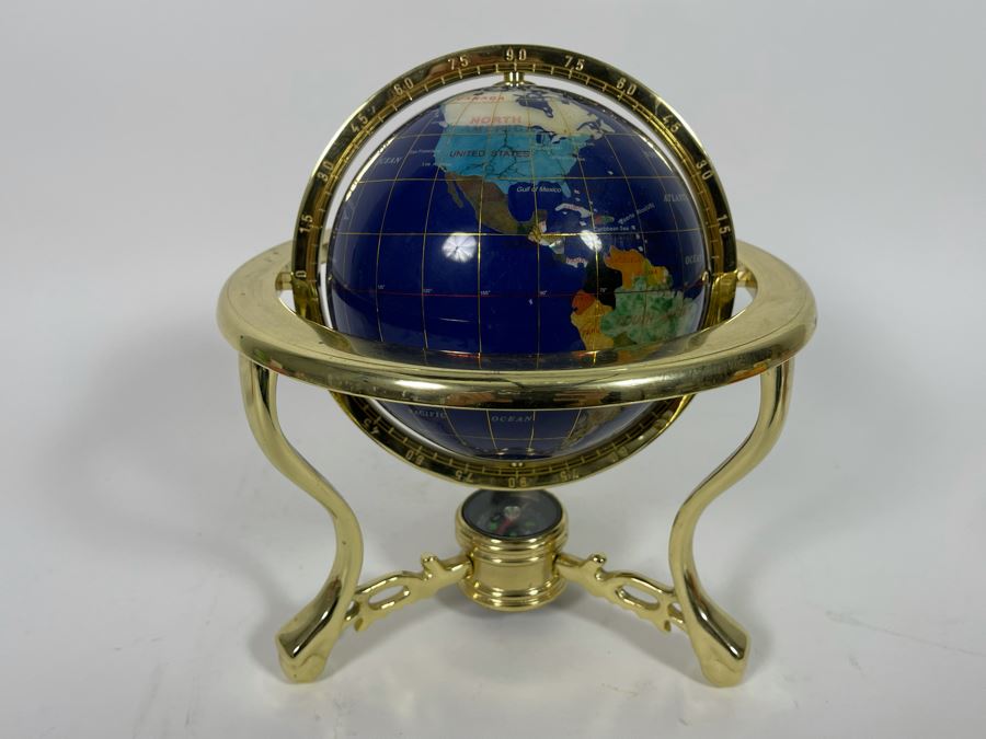 Inlaid Semi-Precious Stone World Globe With Brass Stand And Compass 9W X 10H [Photo 3]