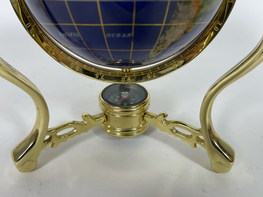 Inlaid Semi-Precious Stone World Globe With Brass Stand And Compass 9W X 10H [Photo 5]