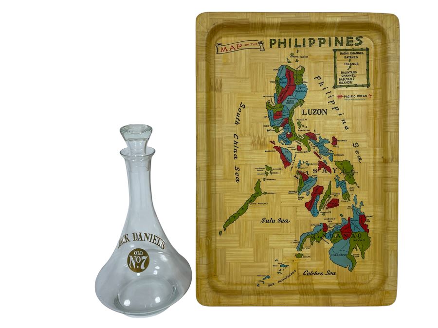 Vintage Bamboo Tray With Map Of The Philippines And Jack Daniel’s Whiskey Decanter