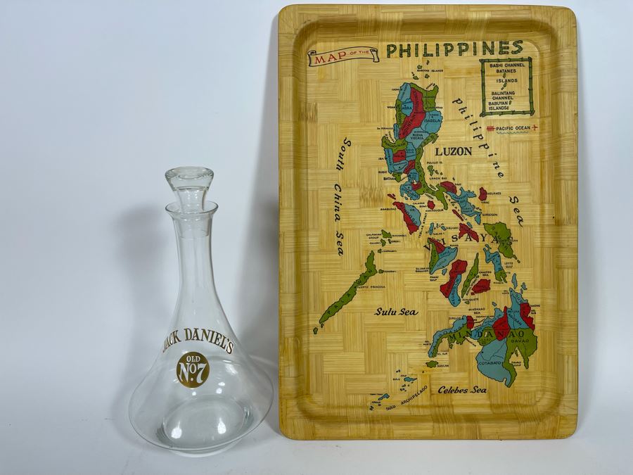 Vintage Bamboo Tray With Map Of The Philippines And Jack Daniel’s Whiskey Decanter [Photo 2]
