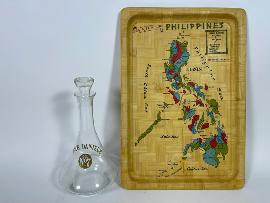 Vintage Bamboo Tray With Map Of The Philippines And Jack Daniel’s Whiskey Decanter [Photo 3]