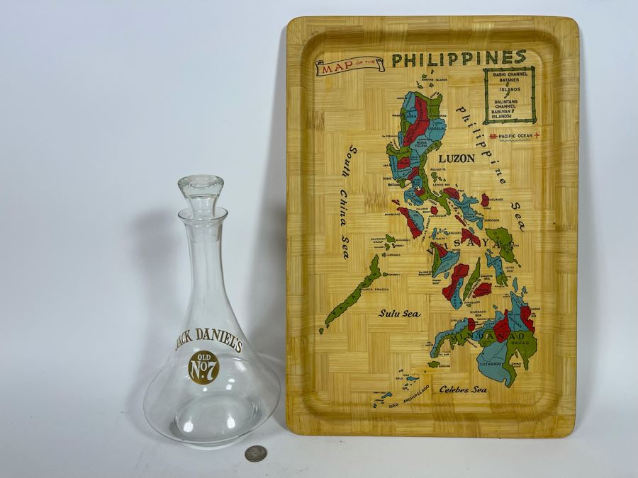 Vintage Bamboo Tray With Map Of The Philippines And Jack Daniel’s Whiskey Decanter [Photo 5]