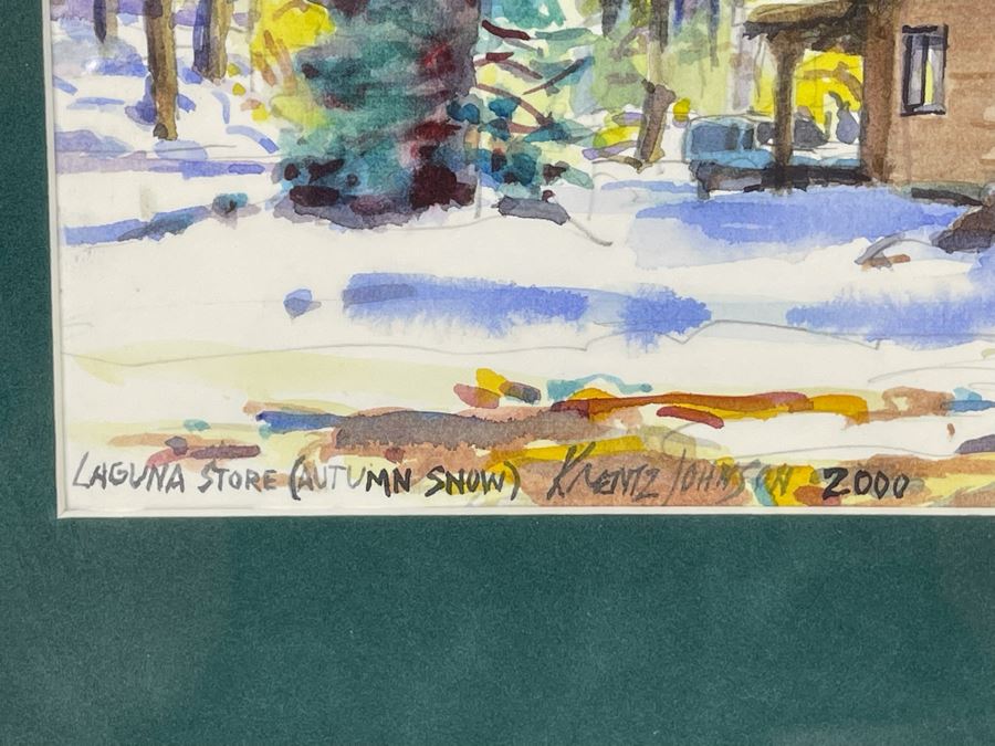 Krentz Johnson Original Watercolor Painting Titled Laguna Store (Autumn Snow) 9 X 5 Framed 15 X 12 [Photo 3]