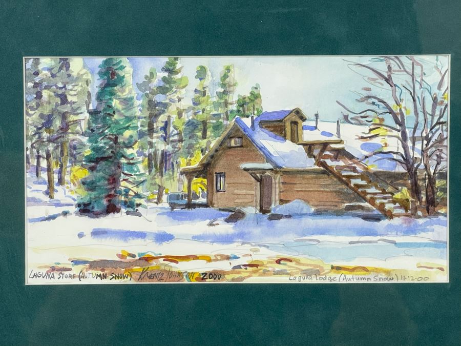 Krentz Johnson Original Watercolor Painting Titled Laguna Store (Autumn Snow) 9 X 5 Framed 15 X 12