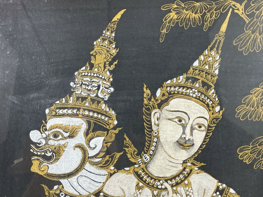 Vintage 1970s Thai Painting On Silk In Mid-Century Frame 25 X 26 [Photo 4]