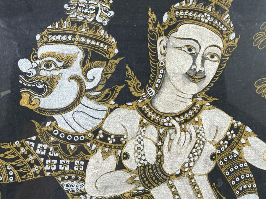 Vintage 1970s Thai Painting On Silk In Mid-Century Frame 25 X 26 [Photo 5]