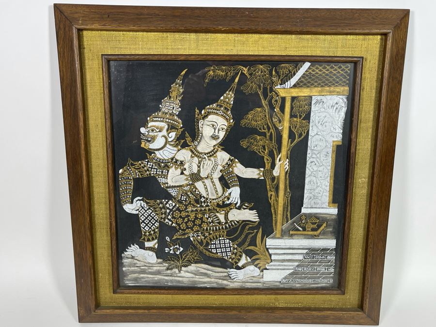 Vintage 1970s Thai Painting On Silk In Mid-Century Frame 25 X 26 [Photo 3]