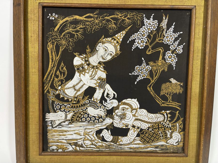 Vintage 1970s Thai Painting On Silk In Mid-Century Frame 25 X 25 [Photo 3]
