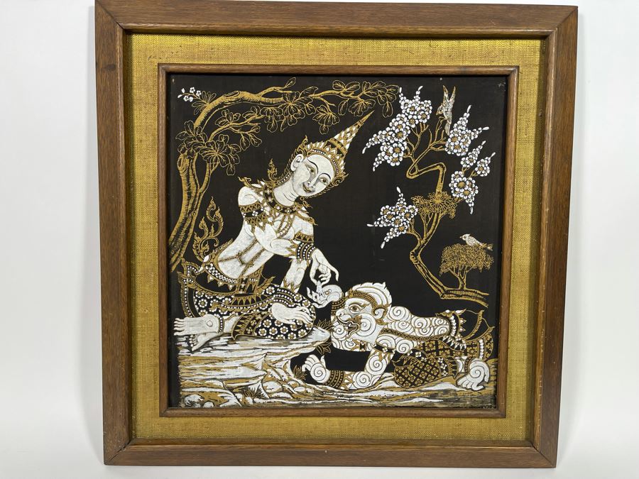 Vintage 1970s Thai Painting On Silk In Mid-Century Frame 25 X 25 [Photo 2]