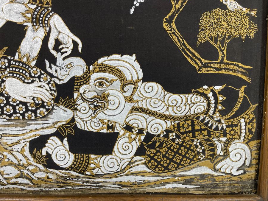 Vintage 1970s Thai Painting On Silk In Mid-Century Frame 25 X 25 [Photo 4]