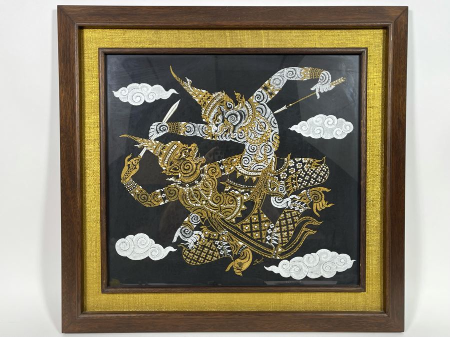 Vintage 1970s Thai Painting On Silk In Mid-Century Frame 26 X 25 [Photo 2]