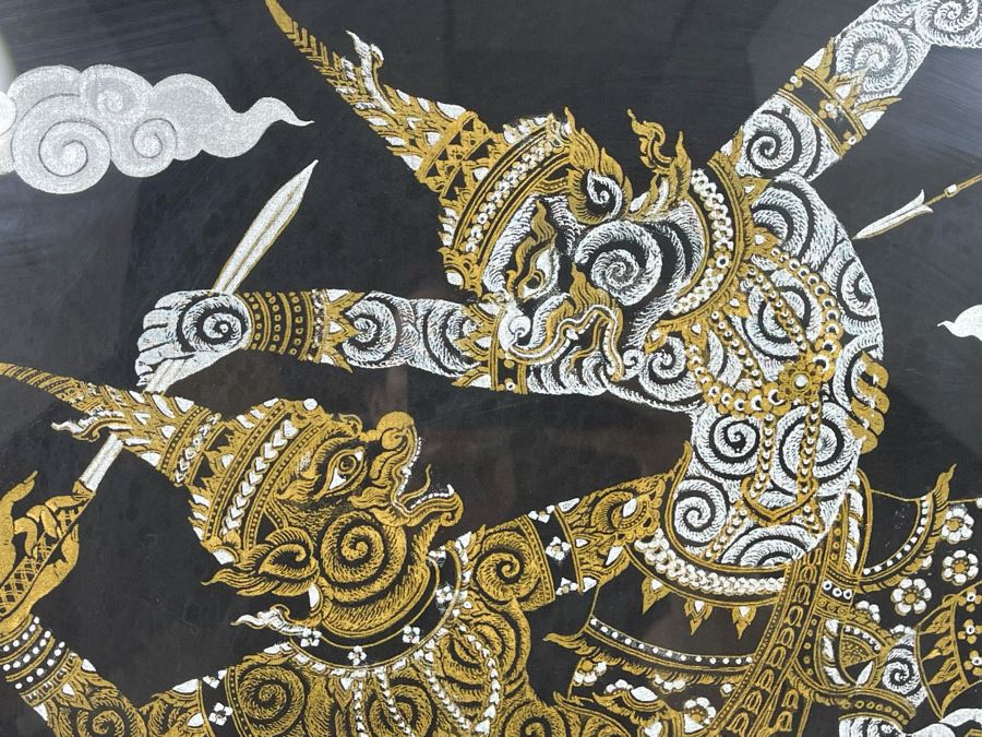 Vintage 1970s Thai Painting On Silk In Mid-Century Frame 26 X 25 [Photo 4]