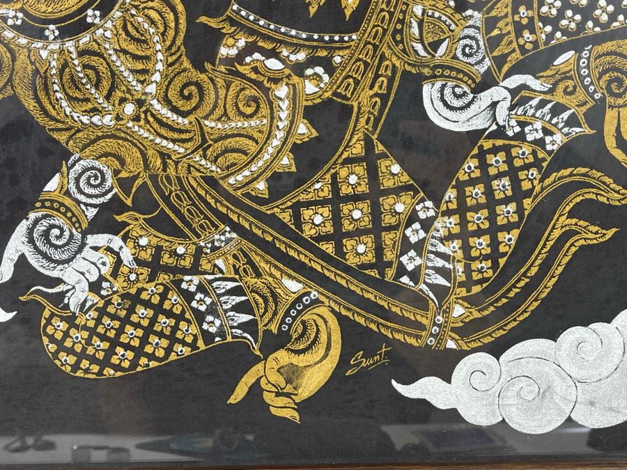 Vintage 1970s Thai Painting On Silk In Mid-Century Frame 26 X 25 [Photo 5]