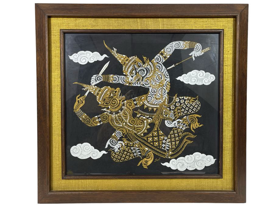 Vintage 1970s Thai Painting On Silk In Mid-Century Frame 26 X 25