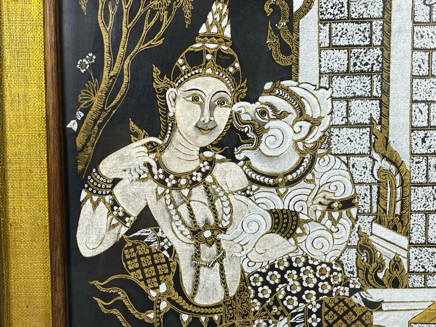 Vintage 1970s Thai Painting On Silk In Mid-Century Frame 25 X 25 [Photo 5]