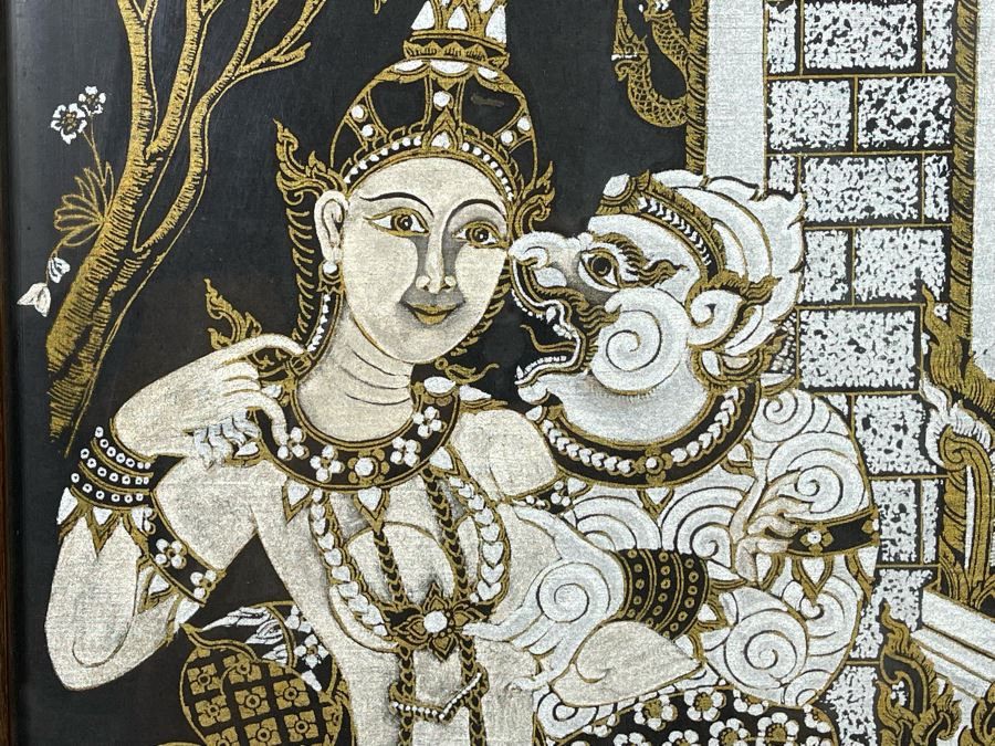 Vintage 1970s Thai Painting On Silk In Mid-Century Frame 25 X 25 [Photo 6]