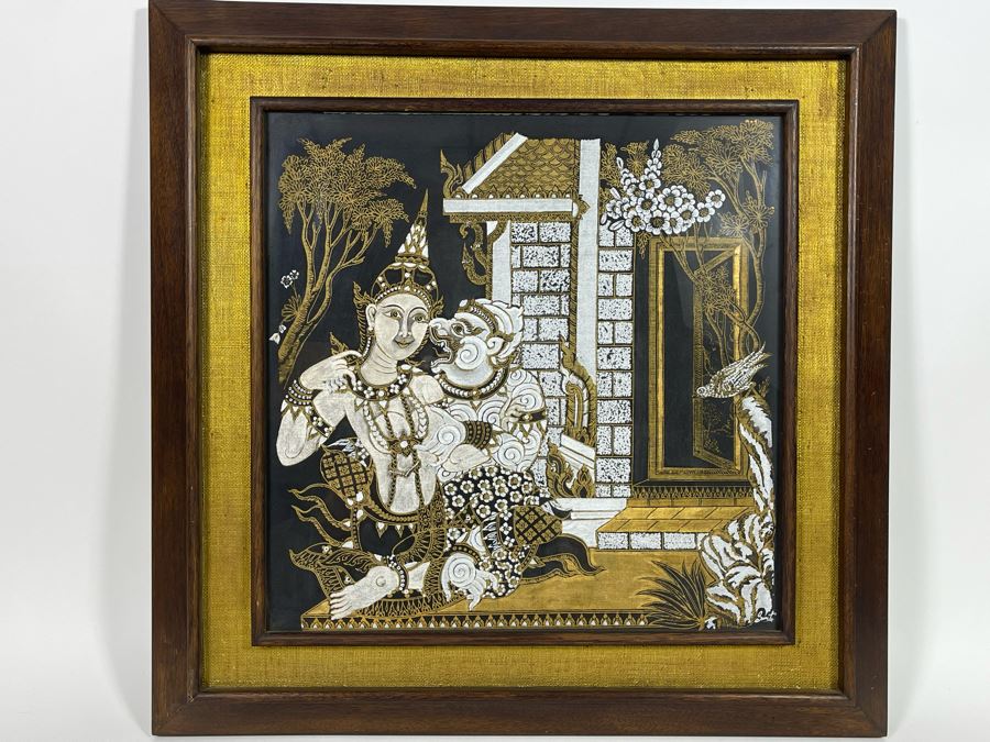 Vintage 1970s Thai Painting On Silk In Mid-Century Frame 25 X 25 [Photo 3]