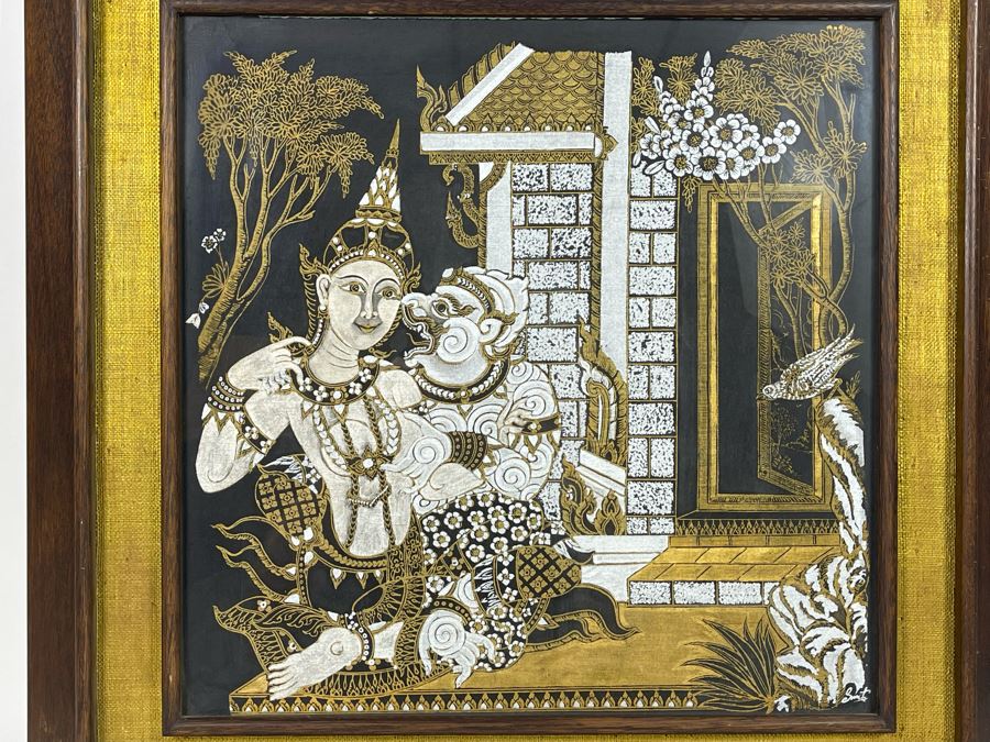 Vintage 1970s Thai Painting On Silk In Mid-Century Frame 25 X 25 [Photo 4]