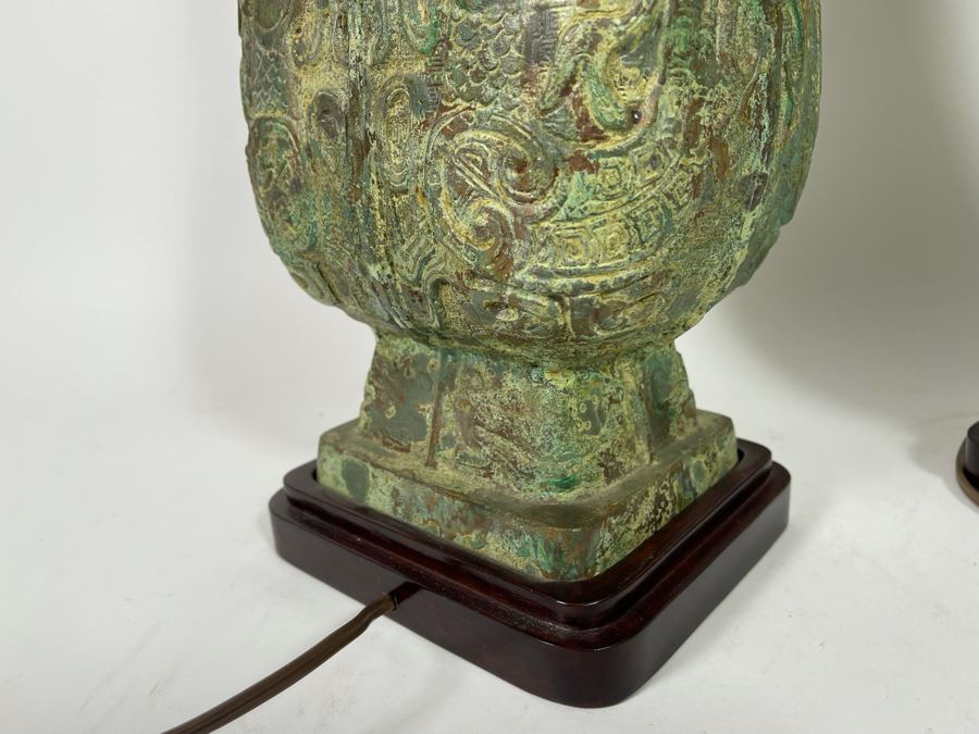 Pair Of Vintage Chinese Bronze Lamps Purchased In Hong Kong In 1972 With Original Receipt - Bronze Vases Measure 17.5H - Lamp Is 37H - Comes With Silk Collapsible Shade (Shade Has Some Damage) [Photo 16]