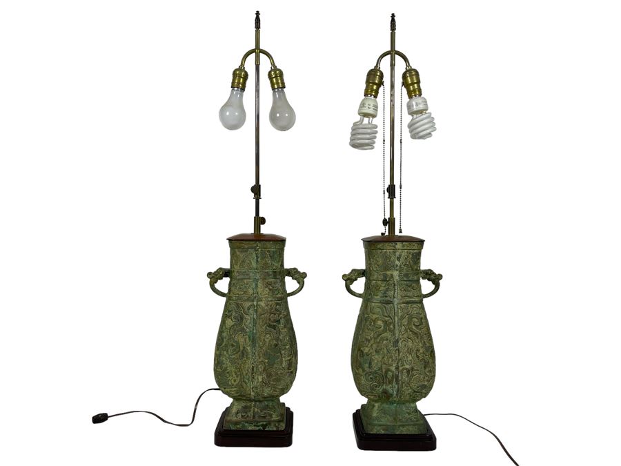Pair Of Vintage Chinese Bronze Lamps Purchased In Hong Kong In 1972 With Original Receipt - Bronze Vases Measure 17.5H - Lamp Is 37H - Comes With Silk Collapsible Shade (Shade Has Some Damage) [Photo 2]