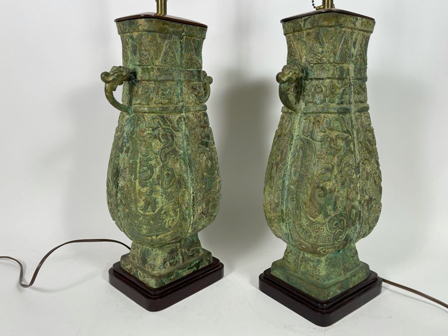 Pair Of Vintage Chinese Bronze Lamps Purchased In Hong Kong In 1972 With Original Receipt - Bronze Vases Measure 17.5H - Lamp Is 37H - Comes With Silk Collapsible Shade (Shade Has Some Damage) [Photo 8]