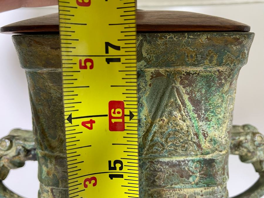 Pair Of Vintage Chinese Bronze Lamps Purchased In Hong Kong In 1972 With Original Receipt - Bronze Vases Measure 17.5H - Lamp Is 37H - Comes With Silk Collapsible Shade (Shade Has Some Damage) [Photo 21]