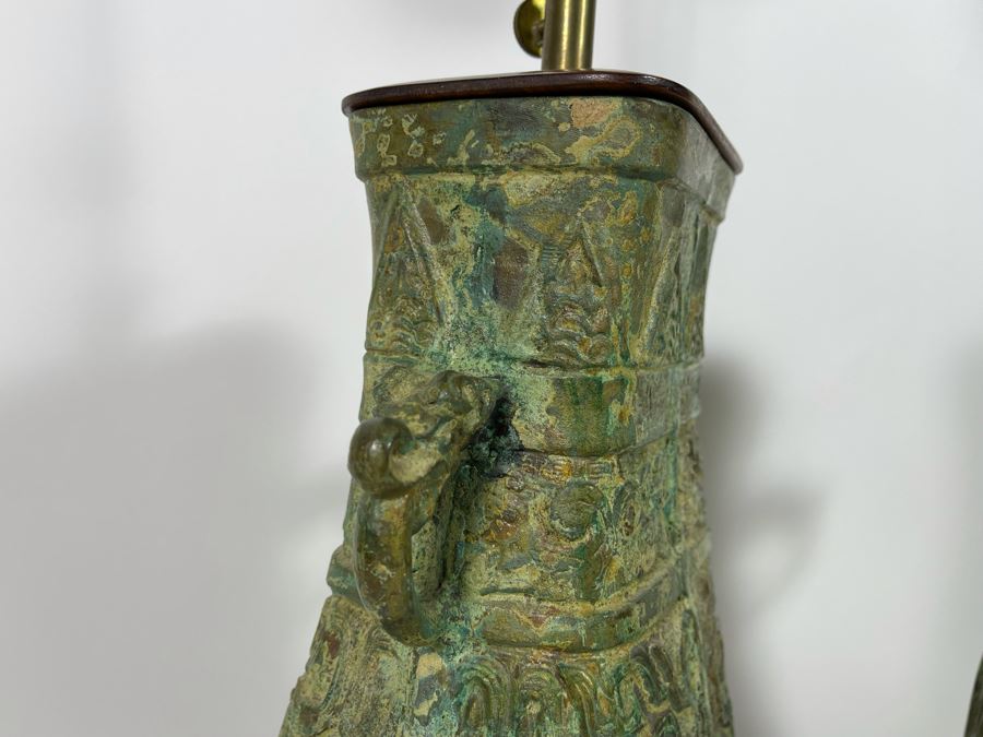 Pair Of Vintage Chinese Bronze Lamps Purchased In Hong Kong In 1972 With Original Receipt - Bronze Vases Measure 17.5H - Lamp Is 37H - Comes With Silk Collapsible Shade (Shade Has Some Damage) [Photo 11]