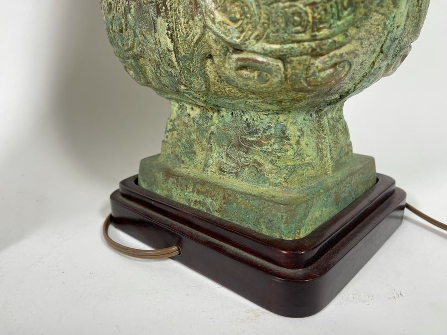 Pair Of Vintage Chinese Bronze Lamps Purchased In Hong Kong In 1972 With Original Receipt - Bronze Vases Measure 17.5H - Lamp Is 37H - Comes With Silk Collapsible Shade (Shade Has Some Damage) [Photo 17]