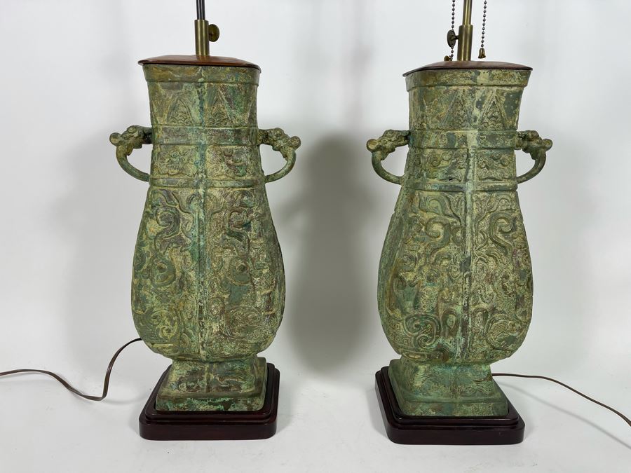 Pair Of Vintage Chinese Bronze Lamps Purchased In Hong Kong In 1972 With Original Receipt - Bronze Vases Measure 17.5H - Lamp Is 37H - Comes With Silk Collapsible Shade (Shade Has Some Damage) [Photo 3]