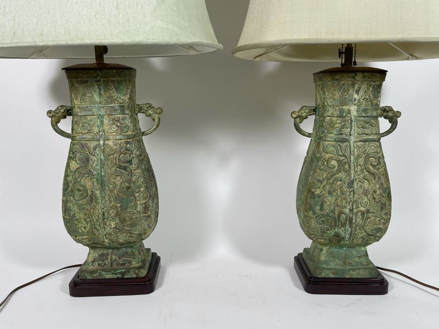 Pair Of Vintage Chinese Bronze Lamps Purchased In Hong Kong In 1972 With Original Receipt - Bronze Vases Measure 17.5H - Lamp Is 37H - Comes With Silk Collapsible Shade (Shade Has Some Damage) [Photo 19]