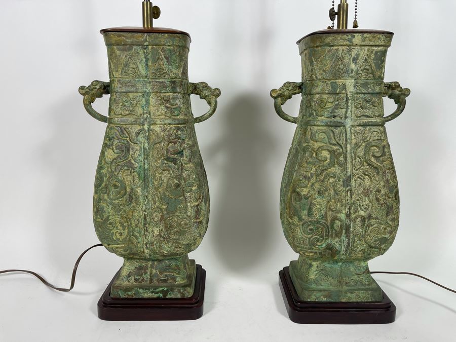 Pair Of Vintage Chinese Bronze Lamps Purchased In Hong Kong In 1972 With Original Receipt - Bronze Vases Measure 17.5H - Lamp Is 37H - Comes With Silk Collapsible Shade (Shade Has Some Damage) [Photo 4]