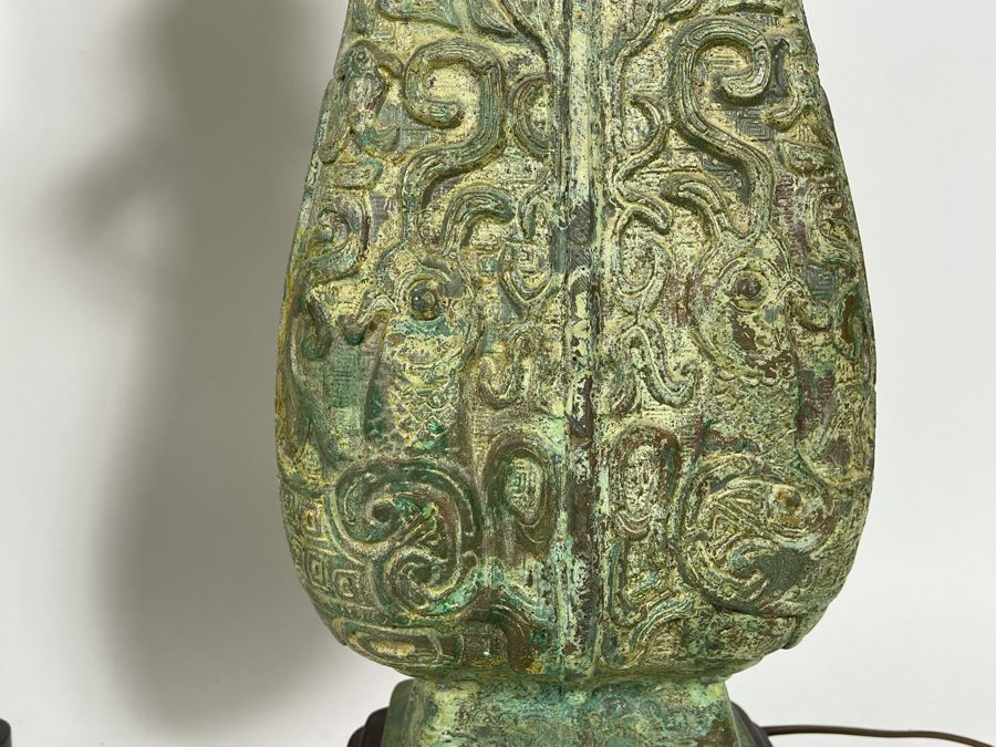 Pair Of Vintage Chinese Bronze Lamps Purchased In Hong Kong In 1972 With Original Receipt - Bronze Vases Measure 17.5H - Lamp Is 37H - Comes With Silk Collapsible Shade (Shade Has Some Damage) [Photo 6]