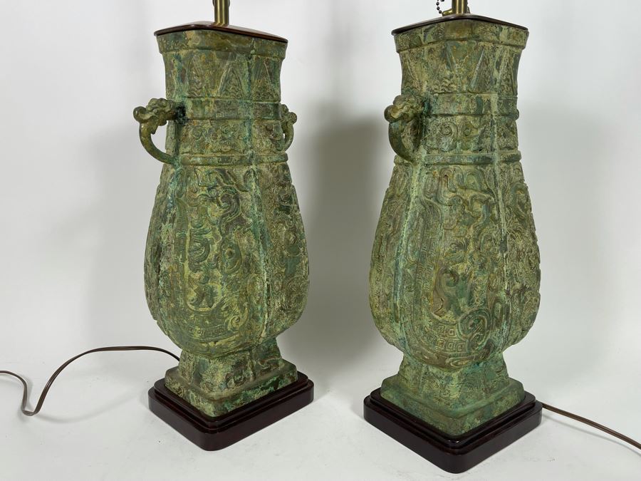 Pair Of Vintage Chinese Bronze Lamps Purchased In Hong Kong In 1972 With Original Receipt - Bronze Vases Measure 17.5H - Lamp Is 37H - Comes With Silk Collapsible Shade (Shade Has Some Damage) [Photo 9]
