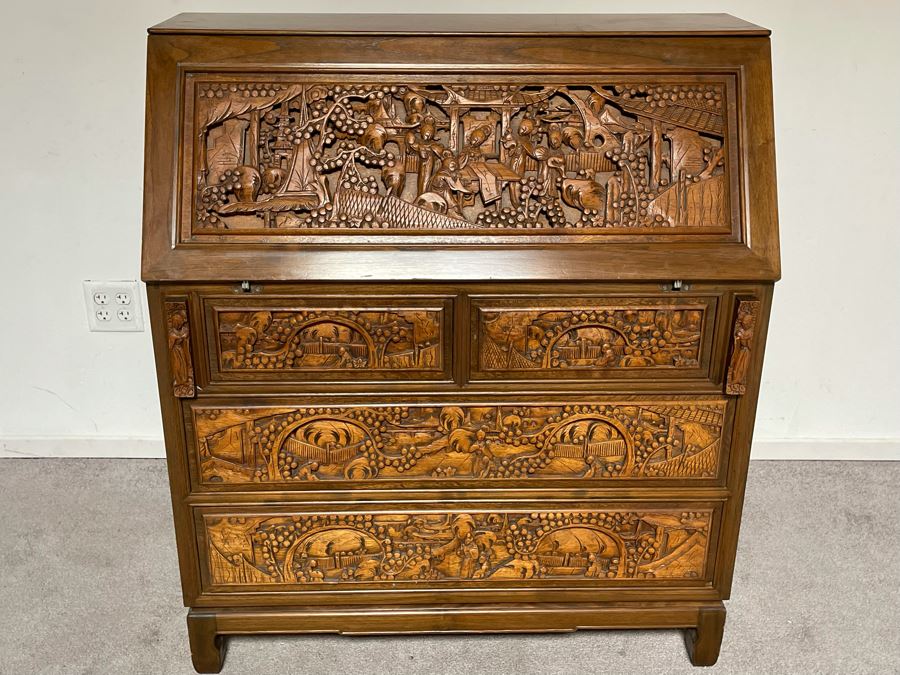 Vintage Relief Carved Chinese Secretary Desk With Drawers 36W X 17D X 41.5H [Photo 3]