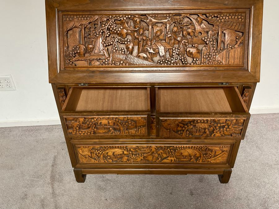 Vintage Relief Carved Chinese Secretary Desk With Drawers 36W X 17D X 41.5H [Photo 22]