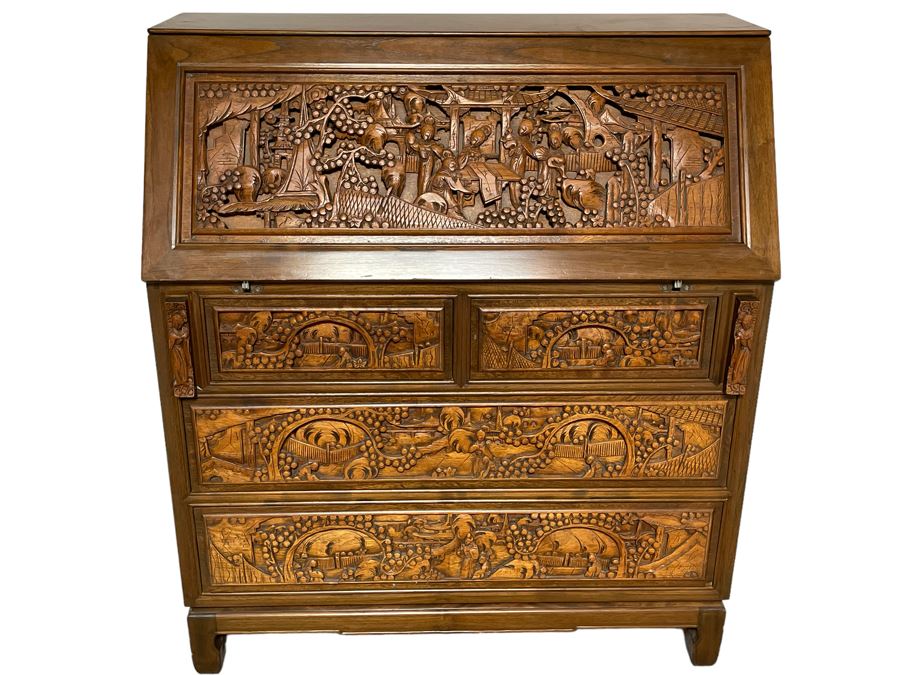Vintage Relief Carved Chinese Secretary Desk With Drawers 36W X 17D X 41.5H [Photo 1]