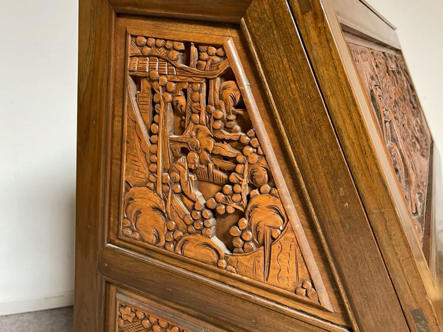 Vintage Relief Carved Chinese Secretary Desk With Drawers 36W X 17D X 41.5H [Photo 18]