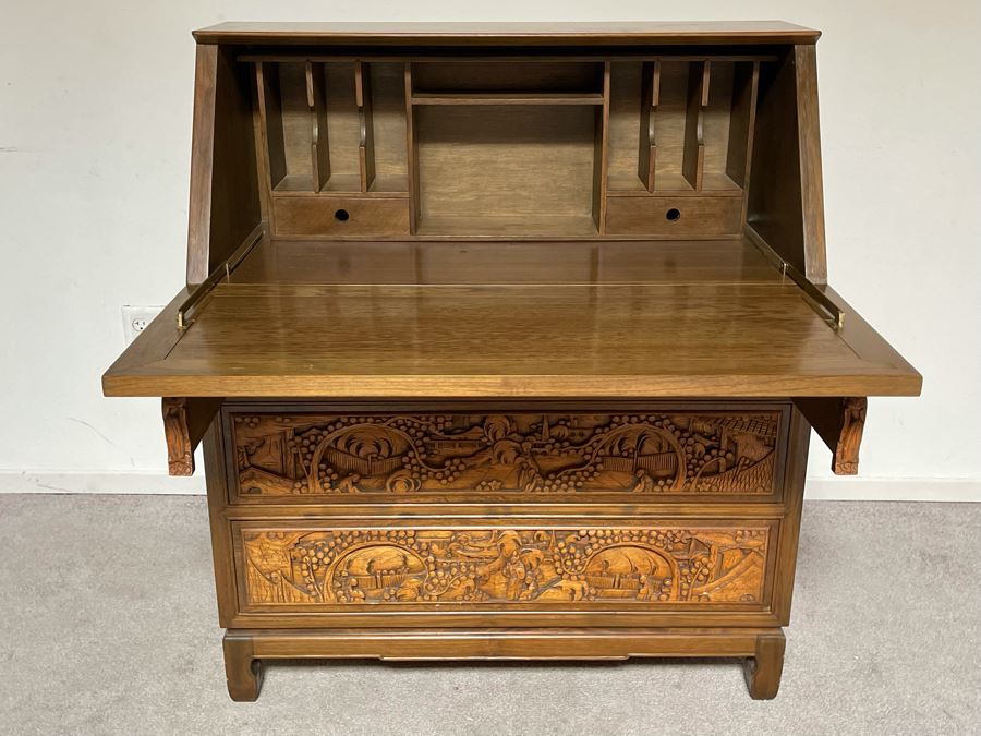 Vintage Relief Carved Chinese Secretary Desk With Drawers 36W X 17D X 41.5H [Photo 6]
